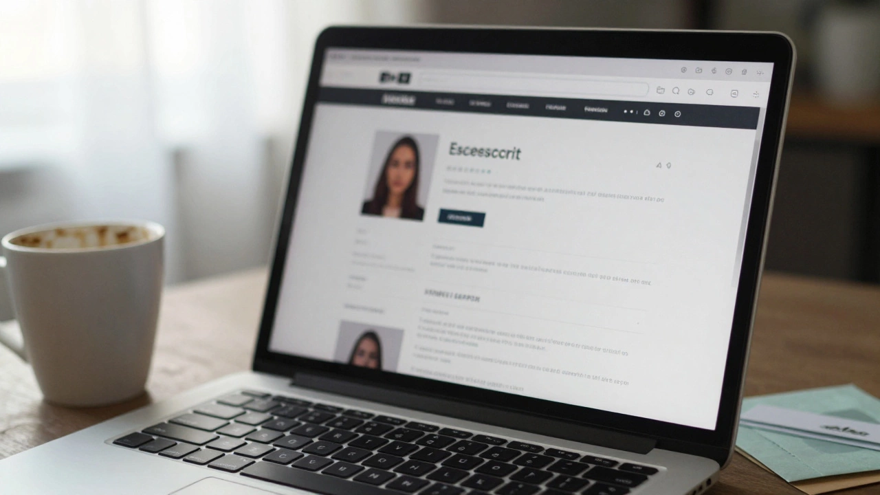 A laptop displays a discreet escort profile with cash and coffee nearby.