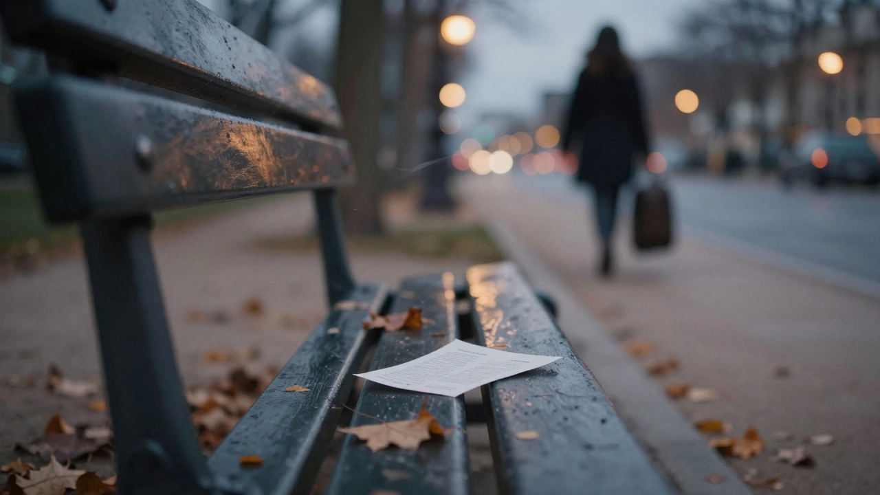 An empty park bench with a folded note and autumn leaves in Paris at dusk.
