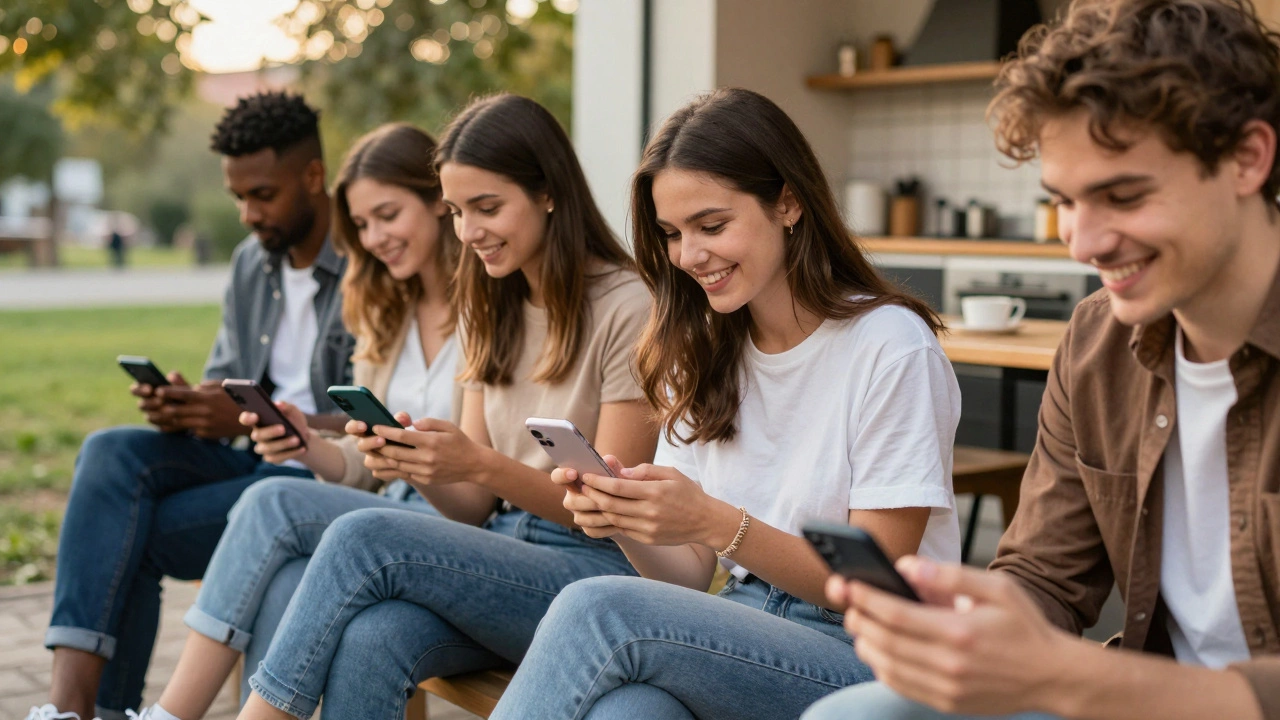 People reading heartfelt emails on their phones in different cozy settings during golden hour.